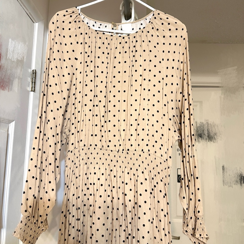H&M Beige Long Sleeve Polka Dot Dress with Black Dots